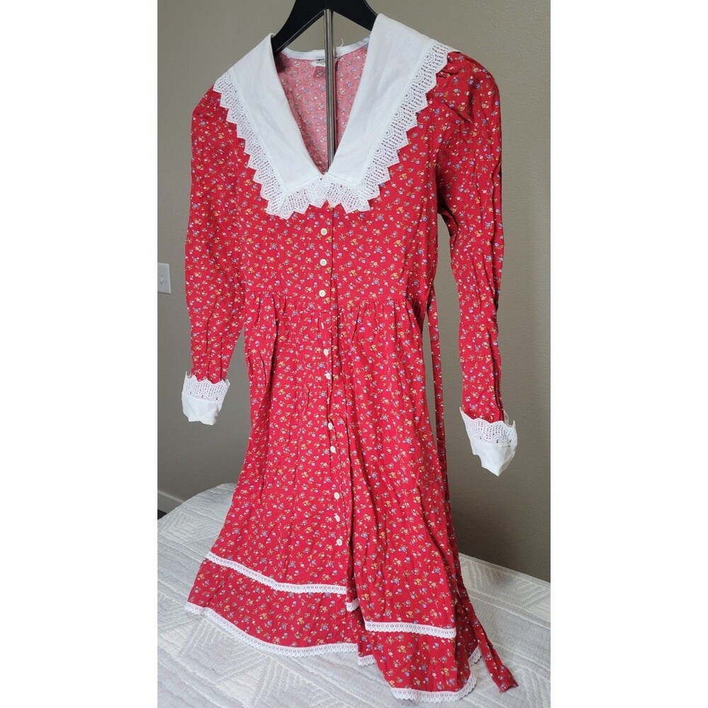Vintage 70s Cinderella Red Floral Prairie Dress Lace Trim Size 14 Made in USA‎